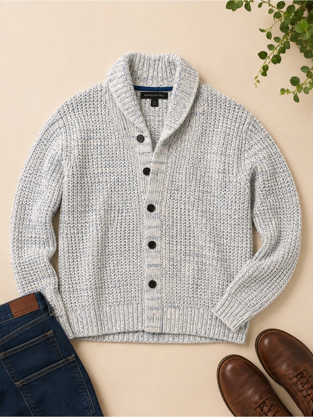 Banana Republic White & Blue Shawl Collar Button Cardigan